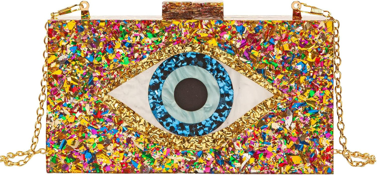 Clutch Purses for Women-Evil Eye Acrylic Clutch Glitter Purse Evening Bag Chain Shoulder Crossbody Handbags