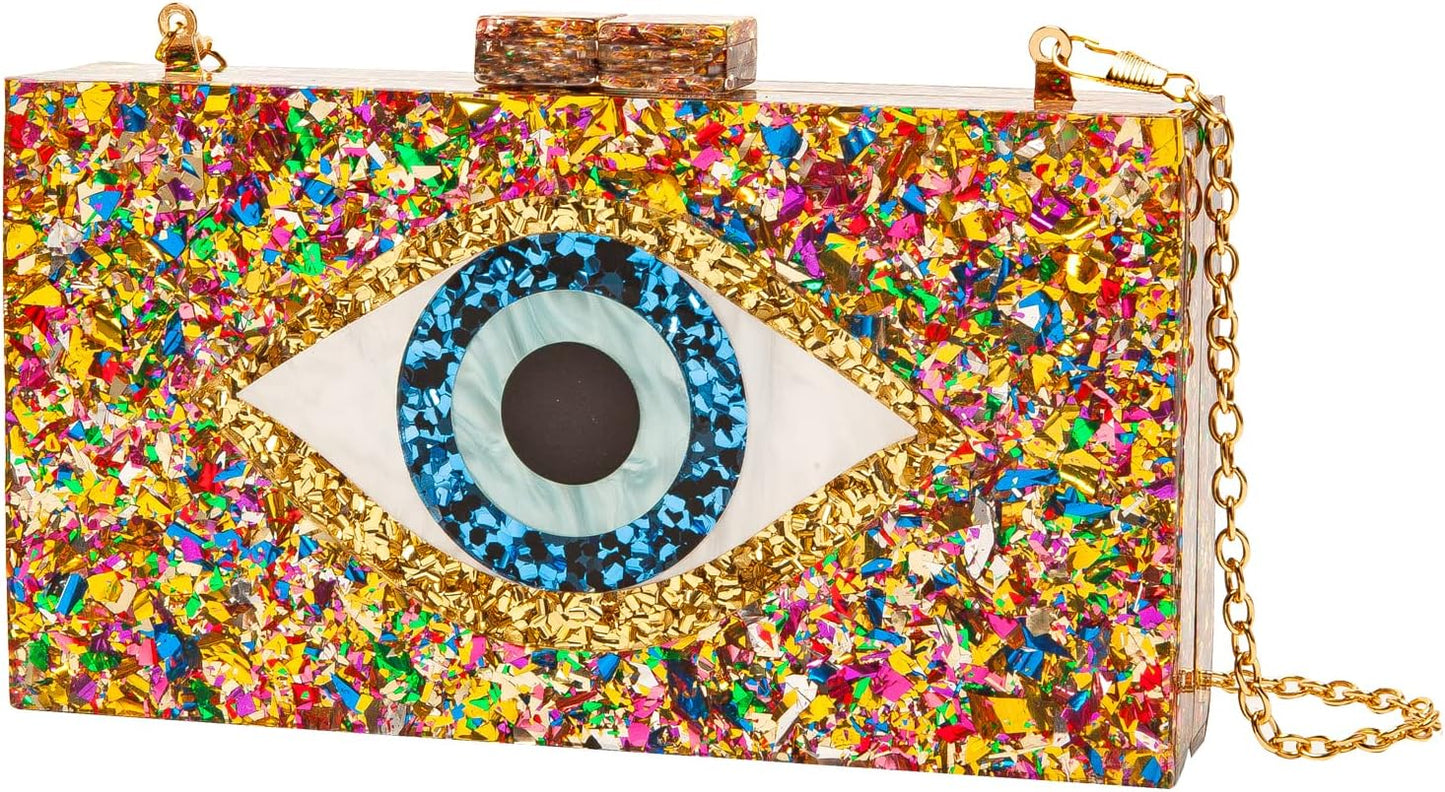 Clutch Purses for Women-Evil Eye Acrylic Clutch Glitter Purse Evening Bag Chain Shoulder Crossbody Handbags