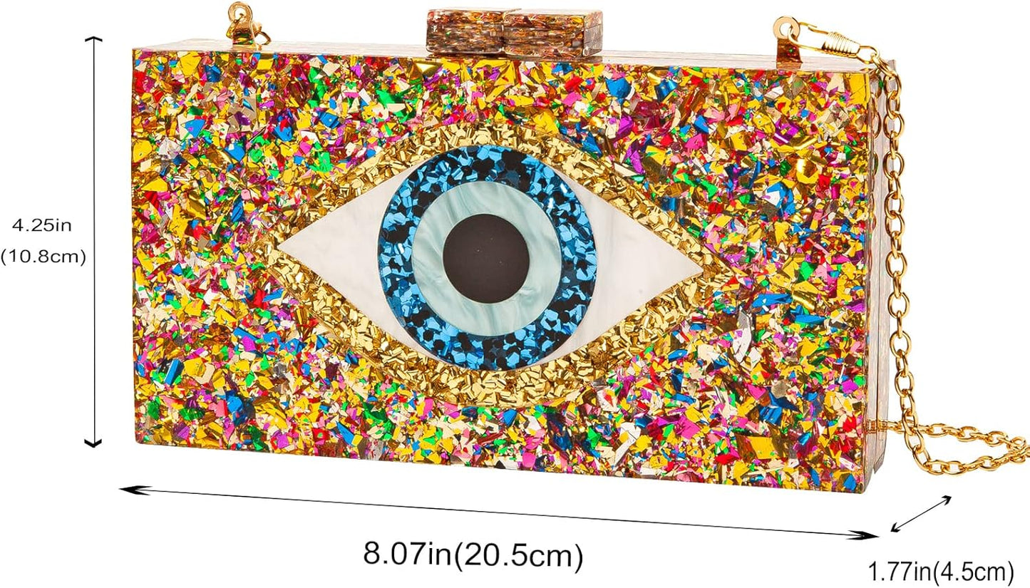 Clutch Purses for Women-Evil Eye Acrylic Clutch Glitter Purse Evening Bag Chain Shoulder Crossbody Handbags