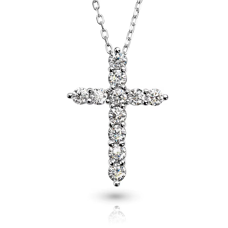 Total 1.1Ct 3Mmx11 round Cut D VVS1 Moissanite 925 Silver Christian Religious Cross Pendant Necklace Woman Girl Gift